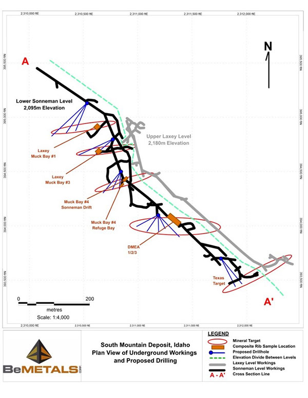 Plan View of Sonneman & Laxey Levels, showing locations of previously reported rib sampling