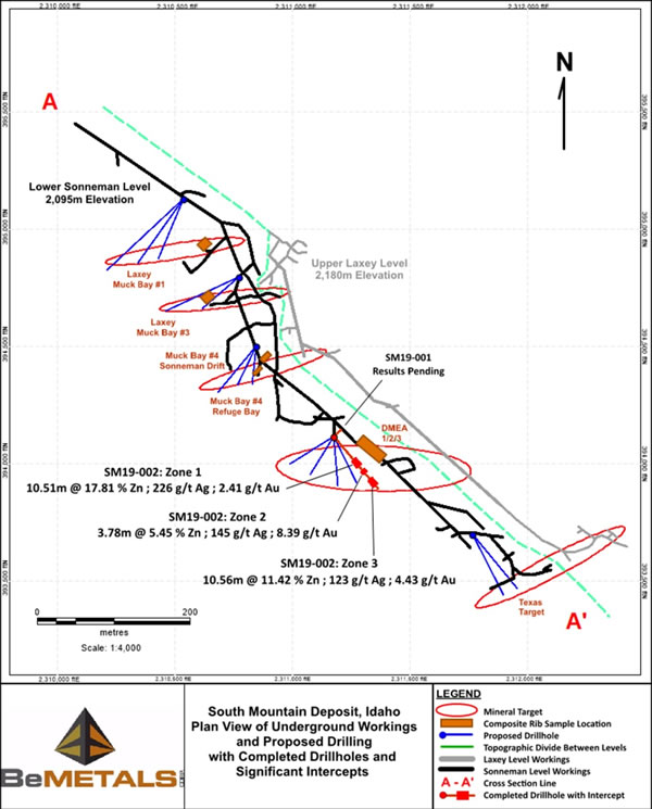 Plan View of the Sonneman & Laxey Levels, South Mountain Deposit, showing locations of rib-sampling, priority target zones, planned boreholes, and boreholes SM19-001 & SM19-002