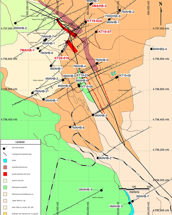 Simplified Geological Map of the Kato Project Area with Drill Hole Locations and Traces.