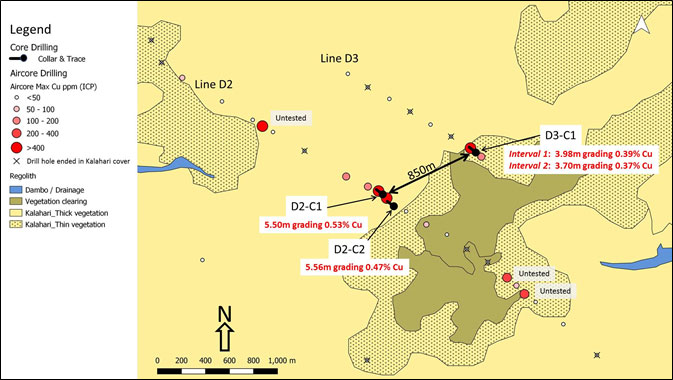 FIGURE 1: LOCATION OF D3-C1 DRILL HOLE AT D-PROSPECT WITH AIRCORE DRILLING ANOMALIES AND REGOLITH COVER MAP
