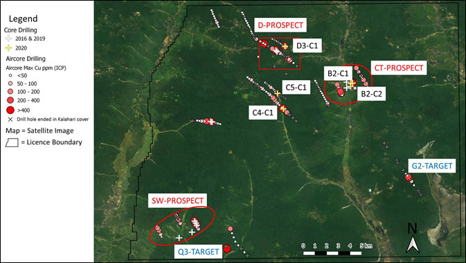 FIGURE 2: LOCATION OF CORE DRILL HOLES D3-C1, B2-C1, B2-C2, C4-C1, C5-C1 AIRCORE DRILLING ANOMALIES AND SATELLITE IMAGE